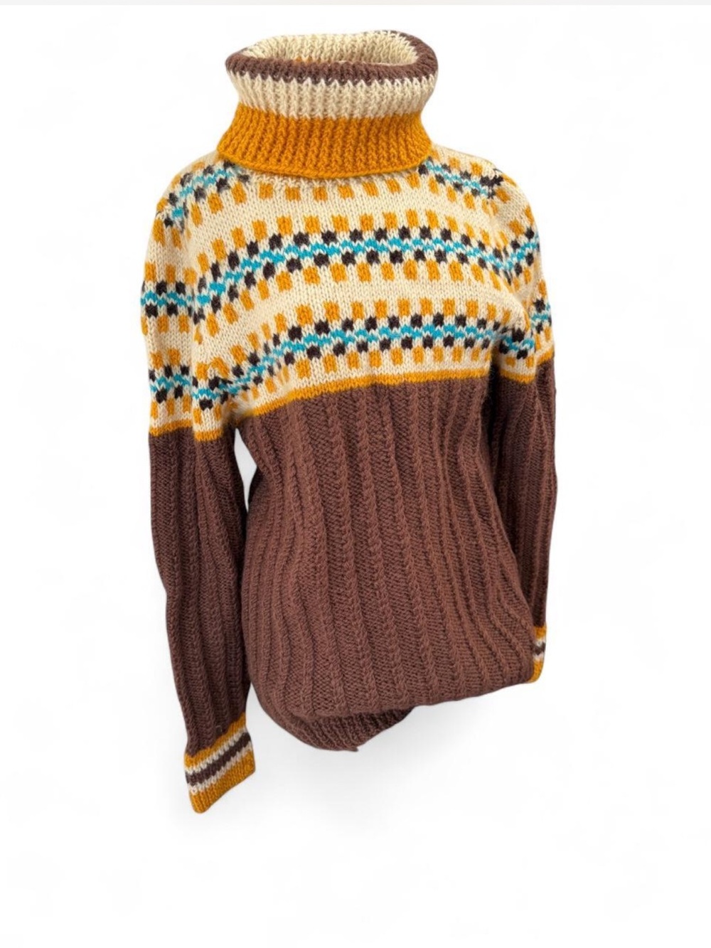 Authentic Hand-Knit Vintage Icelandic Wool Fair Isle Turtleneck Sweater Medium - Picture 2 of 9